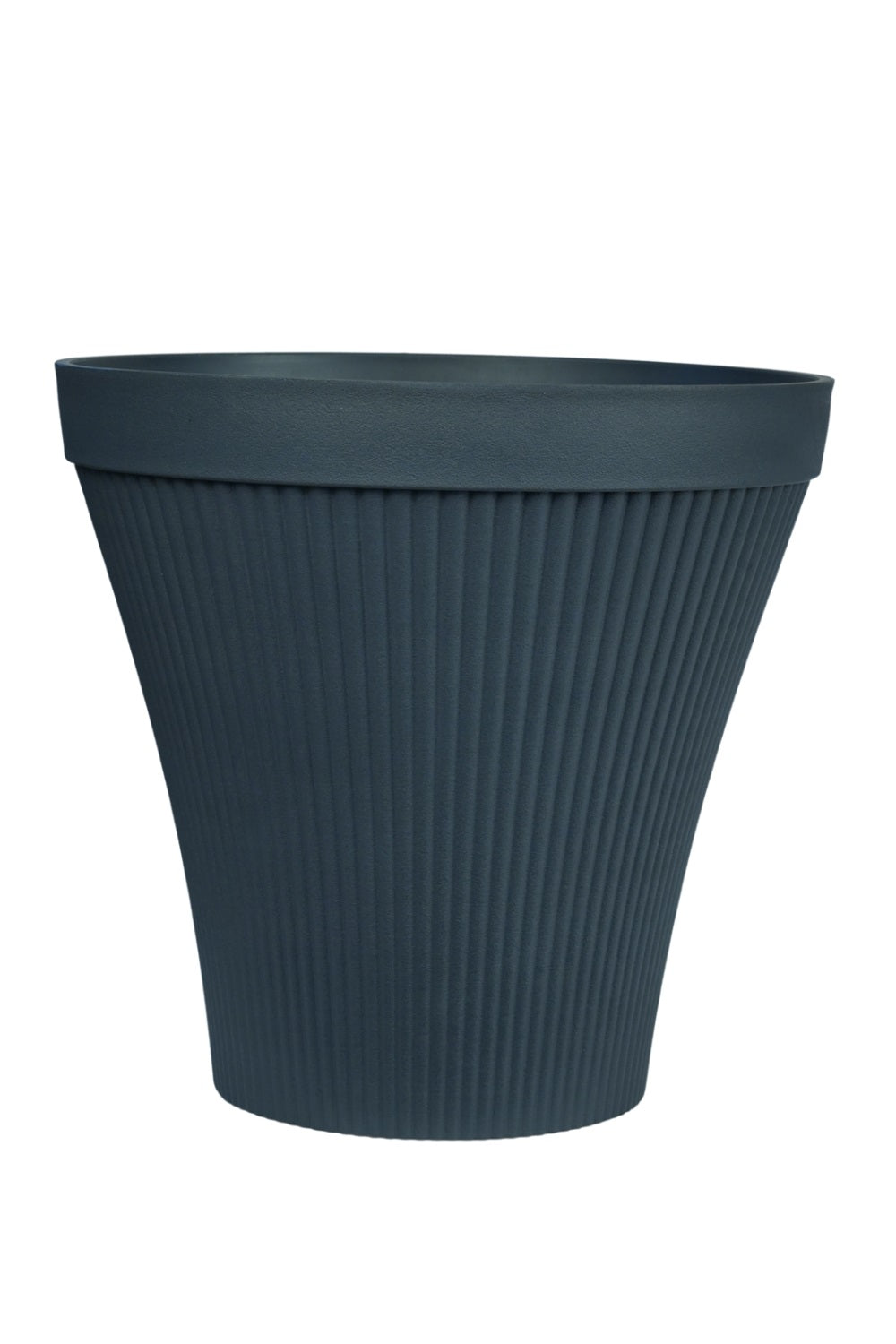A studio wide shot of the Pleated Round Planter in Obsidian Black.The exterior is characterized by a continuous, rhythmic pleated pattern of vertical ridges that run from the base to the thick upper rim.